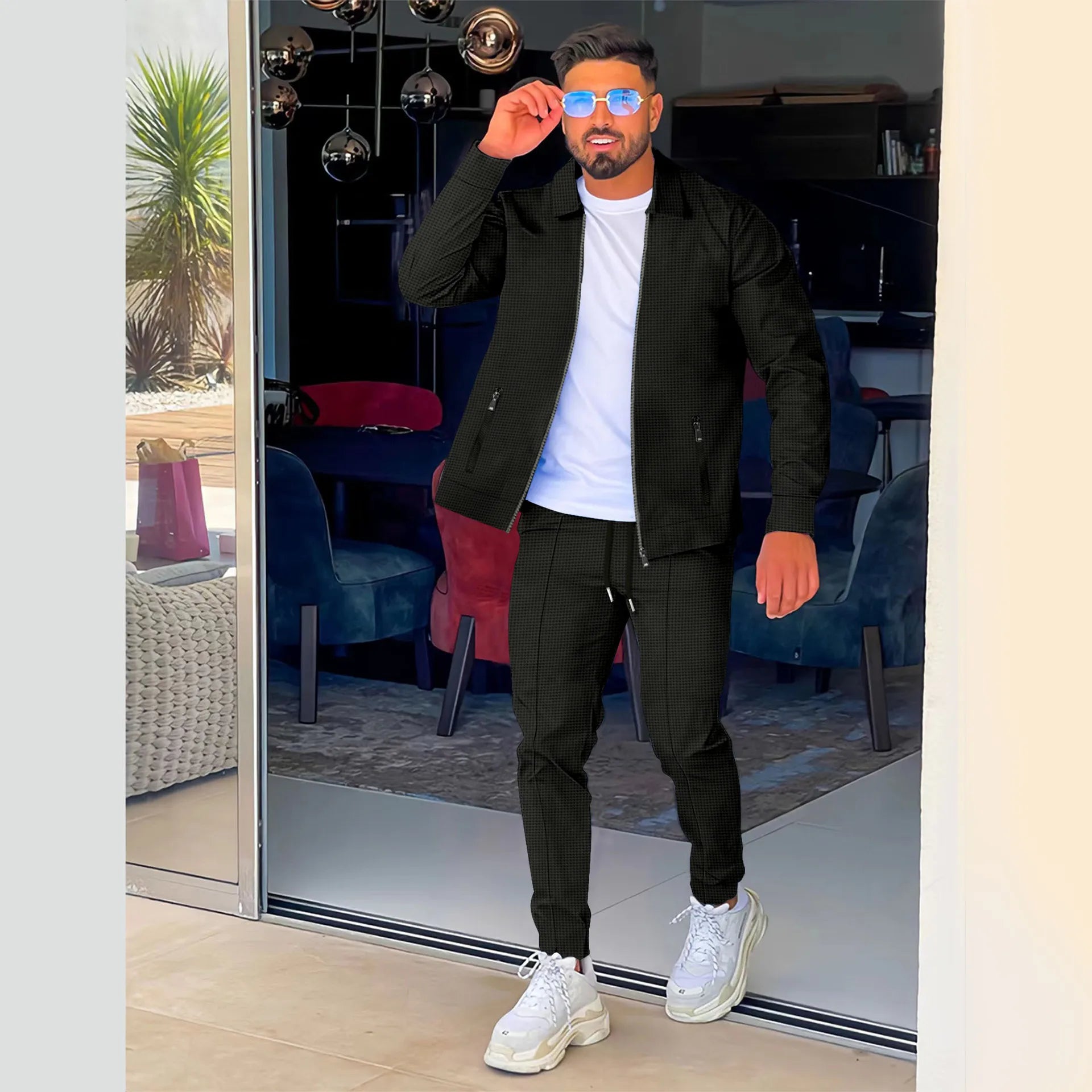 Aliexpress Amazon Transfrontalier Printemps/Automne 2023 Veste Tendance à Col Revers avec Poche Zippée + Pantalon Ensemble de Vêtements de Sport pour Homme Style Streetwear