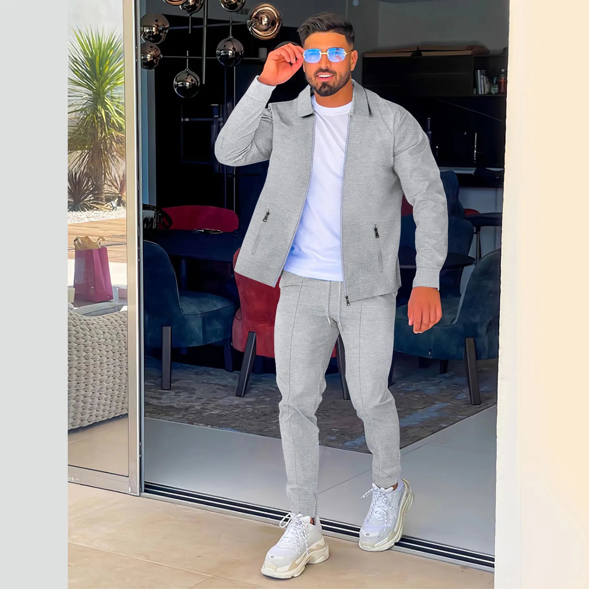 Aliexpress Amazon Transfrontalier Printemps/Automne 2023 Veste Tendance à Col Revers avec Poche Zippée + Pantalon Ensemble de Vêtements de Sport pour Homme Style Streetwear