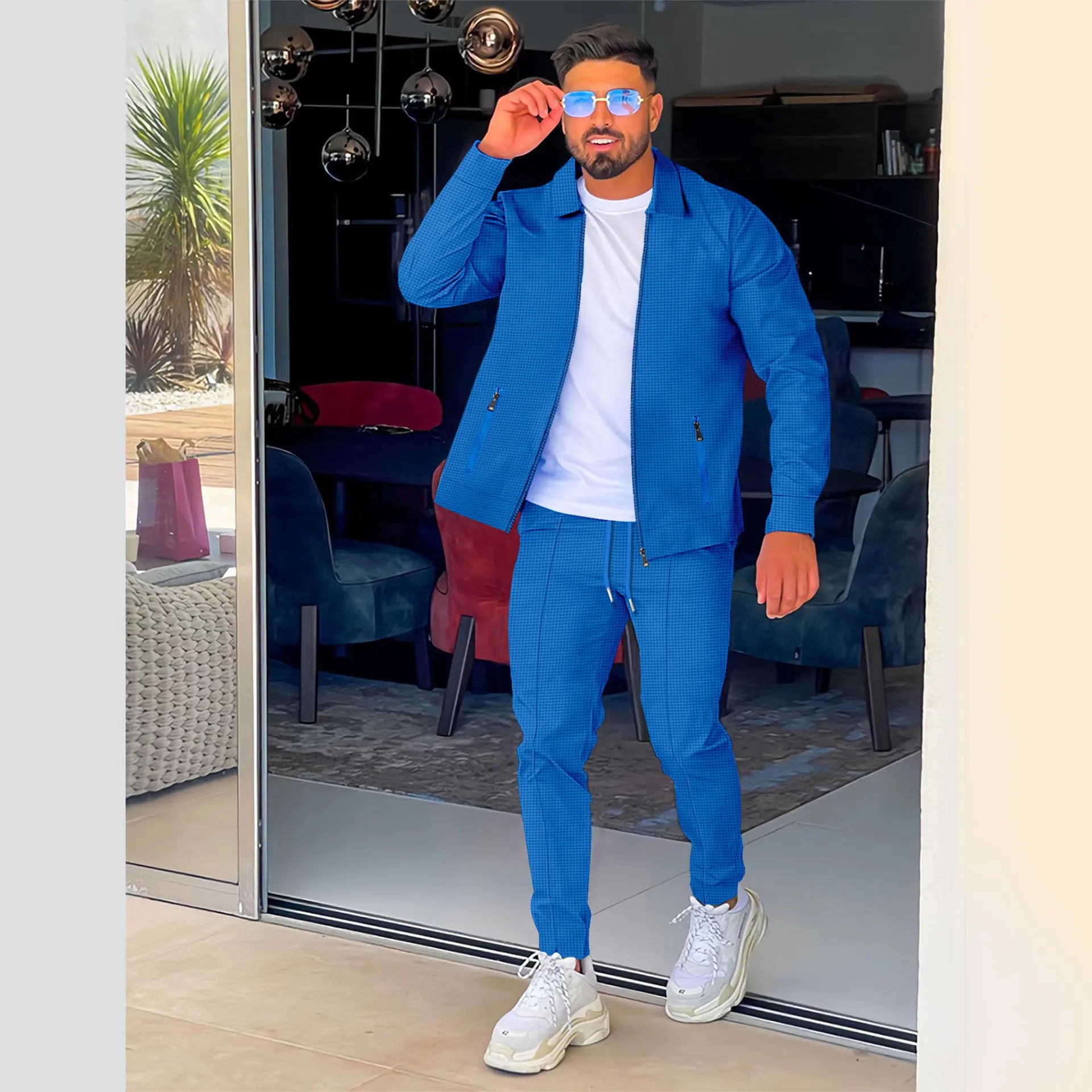 Aliexpress Amazon Transfrontalier Printemps/Automne 2023 Veste Tendance à Col Revers avec Poche Zippée + Pantalon Ensemble de Vêtements de Sport pour Homme Style Streetwear